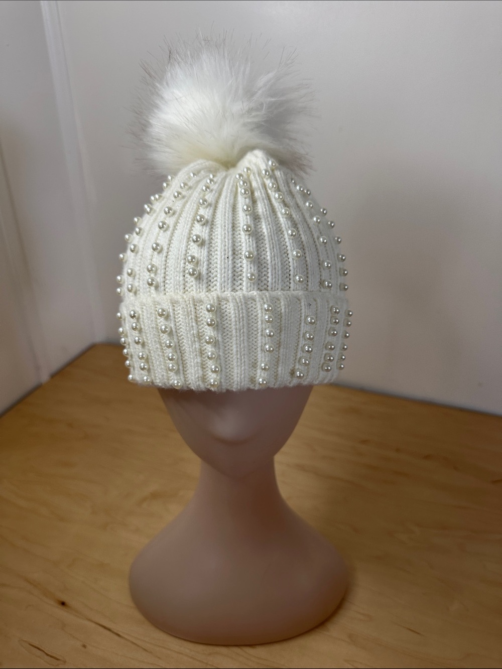 Pearl-Embellished Ivory Pom Beanie - Women's Winter Hat